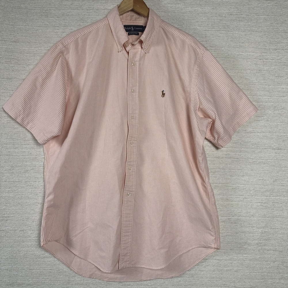 Ralph Lauren Classic Fit Button Down Shirt Mens Large Orange Stripe Short Sleeve